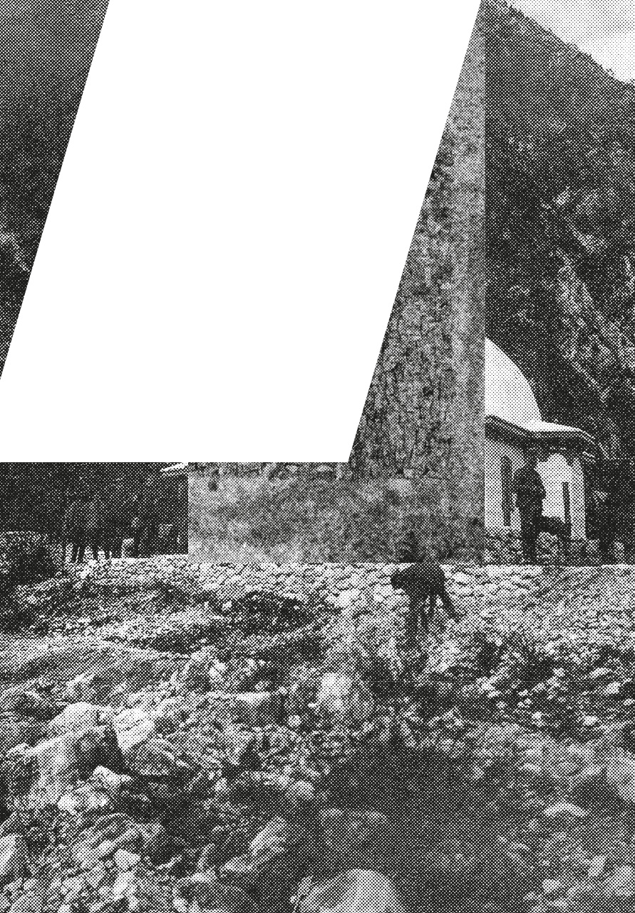 The Log pod Mangartom mosque (detail). From the collection of Uroš Košir. / View of the location after backfill, 16 October 2024, photo by Uroš Košir – Avgusta, d. o. o.